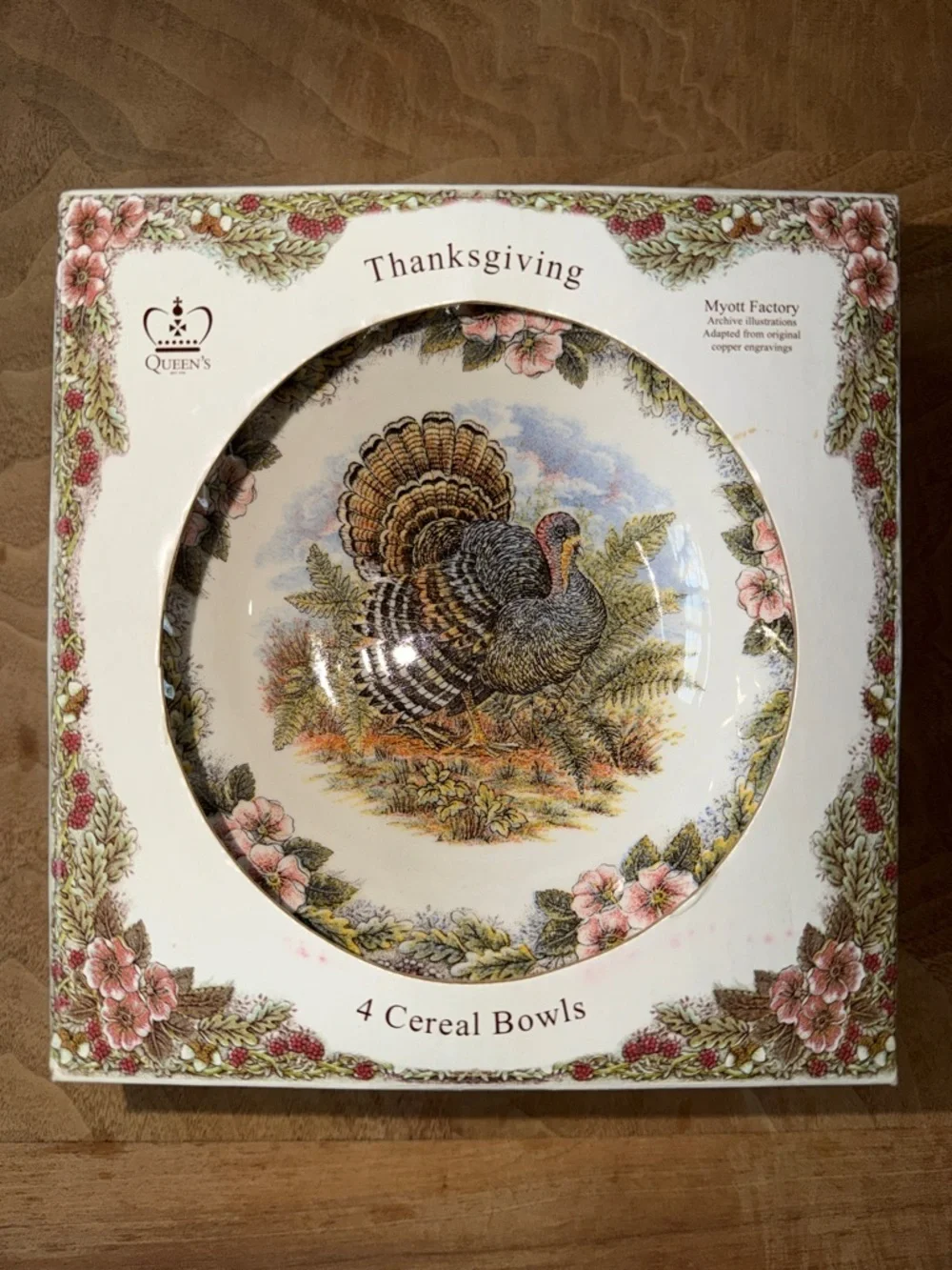 New in Box Set of 4 Queens Myott Factory Thanksgiving Turkey Cereal Bowls
